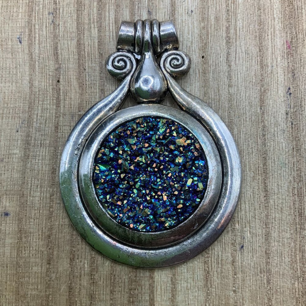 Drusy Quartz Vintage Faux Blue Silver Tone Large Pendant